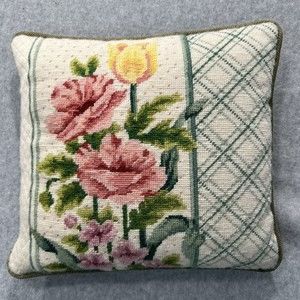 Vintage Needlepoint Pillow Garden Floral Tulip Cream Corduroy 12x11”Easter